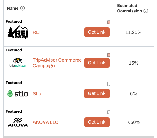 screenshot of the brand partners on rockporch affiliate platform